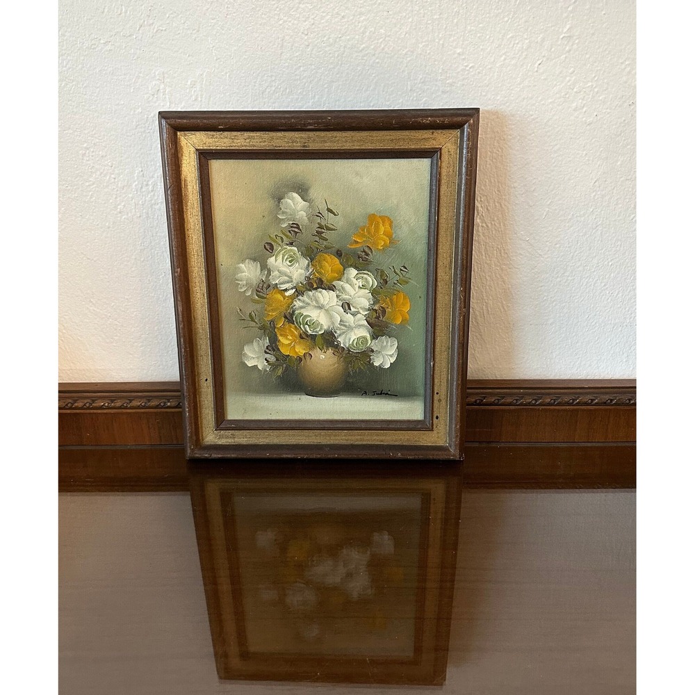 Vtg Framed Yellows Flowers in Vase Floral Original Oil Painting Artist Signed
